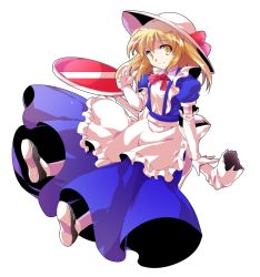 Rule 34 | 1girl, alphes (style), apron, arm at side, black footwear, blonde hair, blue dress, closed mouth, collared dress, dairi, dress, elbow gloves, eyebrows, facing away, frilled apron, frilled gloves, frills, full body, gloves, hair between eyes, hat, hat ribbon, kana anaberal, legs apart, maid apron, mary janes, palms, parody, puffy short sleeves, puffy sleeves, red ribbon, ribbon, road sign, shoes, short hair, short sleeves, sidelocks, sign, simple background, smile, solo, style parody, touhou, touhou (pc-98), transparent background, white apron, white gloves, white hat, white legwear, yellow eyes