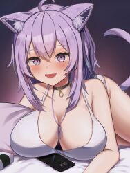 Rule 34 | 1girl, absurdres, ahoge, animal ear fluff, animal ears, antenna hair, bare shoulders, bed sheet, belt collar, blush, bra, breasts, cat ears, cat girl, cat tail, cellphone, collar, commentary, english commentary, facing viewer, fang, gradient background, hair between eyes, highres, hololive, large breasts, looking ahead, lying, medium hair, nekomata okayu, on stomach, open mouth, panties, phone, purple eyes, purple hair, simple background, skin fang, smartphone, smile, solo, tail, underwear, vanillafox2035, virtual youtuber, white bra, white panties