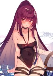 Rule 34 | 1girl, absurdres, black one-piece swimsuit, blush, braid, breasts, choker, cleavage, covered navel, crown braid, girls&#039; frontline, hair between eyes, halterneck, highres, large breasts, long hair, looking at viewer, non-web source, official alternate costume, one-piece swimsuit, open mouth, ponytail, purple hair, red eyes, scan, sidelocks, sitting, solo, soukou makura, swimsuit, thigh gap, thigh strap, very long hair, wa2000 (girls&#039; frontline), wa2000 (op. manta ray) (girls&#039; frontline)