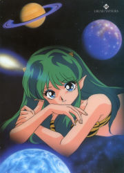 Rule 34 | 1980s (style), 1girl, animal print, bikini, blue eyes, comet, cone horns, copyright name, eyeshadow, feet out of frame, galaxy, green hair, highres, horns, long hair, looking at viewer, lum, makeup, official art, oldschool, oni, planet, pointy ears, retro artstyle, smile, solo, space, strapless, strapless bikini, swimsuit, tiger print, tiger stripes, urusei yatsura