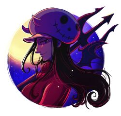 Rule 34 | 1girl, black hair, circle, earrings, floating hair, hat, highres, horned hat, jewelry, long hair, looking at viewer, moon, nico robin, night, night sky, one piece, polearm, profile, red sweater, shuravf, sidelocks, sky, smile, solo, spanish commentary, sweater, trident, turtleneck, turtleneck sweater, weapon, wings