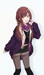 Rule 34 | 1girl, alternate hairstyle, belt, boots, brown eyes, brown hair, fur trim, idolmaster, idolmaster shiny colors, jewelry, low twintails, necklace, official art, open mouth, osaki amana, pantyhose, scarf, shadow, short shorts, shorts, solo, thigh boots, twintails, v, white background