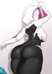 Rule 34 | 1girl, animification, arms up, ass, aster crowley, backboob, blush, bodysuit, breasts, from below, highres, hood, hooded bodysuit, large breasts, leg up, looking at viewer, looking back, looking up, marvel, mask, outstretched arm, short hair, simple background, skin tight, solo, spider-gwen, spider-man: into the spider-verse, spider-man (series), spider-verse, thick thighs, thighs, white background, wide hips