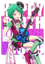 Rule 34 | 1girl, :d, beret, black hat, boots, bow, commentary request, foot out of frame, green hair, green nails, green shirt, green socks, guitar, hands up, happy birthday, hat, heart, high heel boots, high heels, highres, hizuki (hiduki6121), holding, holding guitar, holding instrument, instrument, invisible chair, kiratto pri chan, kneehighs, looking at viewer, midorikawa sara, mini hat, nail polish, neck ribbon, open mouth, pink eyes, pink footwear, pink shorts, pretty series, puffy short sleeves, puffy shorts, puffy sleeves, purple ribbon, ribbon, shirt, short hair, short sleeves, shorts, sitting, smile, socks, solo, white bow, wrist cuffs