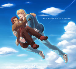 Rule 34 | 10s, 2boys, antonio lopez, blonde hair, blue jacket, bomber jacket, brown hair, carrying, chest hair, cloud, dark skin, dark-skinned male, day, denim, english text, closed eyes, flying, glowing, highres, jacket, jeans, keith goodman, lunarclinic, male focus, multiple boys, pants, princess carry, shoes, short hair, sky, sneakers, tiger &amp; bunny, v-neck
