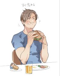 Rule 34 | 1boy, blonde hair, blue shirt, blush, brown hair, burger, eating, food, food on face, highres, holding, holding food, leon s. kennedy, male focus, muscular, muscular male, non-web source, resident evil, shirt, tatsumi (psmhbpiuczn)