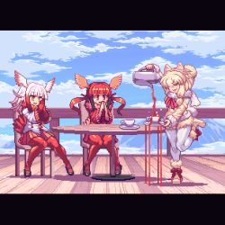 Rule 34 | 10s, 3girls, alpaca ears, alpaca suri (kemono friends), animal ears, animated, animated gif, blonde hair, blunt bangs, boots, chair, clapping, cup, full body, fur trim, gloves, hair over one eye, head wings, japanese crested ibis (kemono friends), kemono friends, long hair, long sleeves, mary janes, migel futoshi, multicolored hair, multiple girls, open mouth, overflowing, pantyhose, pixel art, pleated skirt, pouring, red eyes, red hair, red legwear, scarlet ibis (kemono friends), shoes, short hair, sidelocks, sitting, skirt, smile, spilling, standing, standing on one leg, tail, tea, teacup, teapot, two-tone hair, white hair, white legwear, wings, yellow eyes