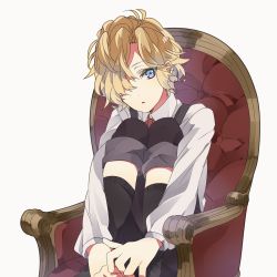 Rule 34 | 10s, 1boy, armchair, blonde hair, blue eyes, bow, bowtie, capri pants, chair, child, collared shirt, diabolik lovers, hair over one eye, kneehighs, knees up, looking at viewer, lowres, male focus, mukami kou, noda (yncoon), open mouth, pants, shirt, simple background, sitting, socks, solo, suspenders, white background, aged down