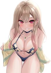 Rule 34 | 1girl, absurdres, bare shoulders, bikini, black bikini, black choker, blush, breasts, choker, cleavage, commentary, ear piercing, floral print, gradient hair, grin, gyaru, hair between eyes, highres, jewelry, kemu1209, kitagawa marin, large breasts, light brown hair, long hair, looking at viewer, multicolored hair, navel, necklace, off shoulder, open clothes, open shirt, piercing, pink hair, print bikini, red eyes, simple background, smile, solo, sono bisque doll wa koi wo suru, swimsuit, thigh gap, white background