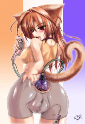 Rule 34 | 1girl, anal, anal object insertion, animal ears, anus, blush, brown eyes, cat ears, cat tail, fat mons, inflatable toy, large insertion, machineko, object insertion, see-through, sex toy, solo, tail, uncensored, vibrator