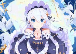 Rule 34 | 1girl, 8sayo7 (8sayo7honkai), absurdres, bare shoulders, black dress, black sleeves, blue eyes, closed mouth, commentary request, detached sleeves, dress, eyebrows hidden by hair, flower, frilled dress, frilled sleeves, frills, hair between eyes, highres, honkai (series), honkai impact 3rd, interlocked fingers, long hair, long sleeves, looking at viewer, own hands clasped, own hands together, petals, sleeveless, sleeveless dress, smile, solo, theresa apocalypse, very long hair, white flower, white hair