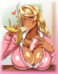 Rule 34 | 1girl, artist request, banana, between breasts, blonde hair, blush, breast press, breast rest, breasts, breasts on table, cleavage, content rating, dark-skinned female, dark skin, fellatio gesture, female focus, food, fruit, heart, highres, large breasts, looking at viewer, naughty face, ouga saki, school uniform, sexually suggestive, shiny skin, smile, solo, table, upper body, virtual youtuber