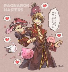 Rule 34 | 1boy, :3, absurdres, anger vein, bare pectorals, beige background, black coat, black pants, blonde hair, blue eyes, character request, coat, commentary request, cowboy shot, emoticon, extra mouth, heart, highres, jumping, long sleeves, looking at another, looking back, lunatic (ragnarok online), male focus, multicolored coat, mushroom, open mouth, pants, pectorals, pig, poring, priest (ragnarok online), rabbit, ragnarok masters, ragnarok online, red coat, savage babe, short hair, signature, simple background, simty (lemon ginger), slime (creature), speech bubble, spoken heart, spore (ragnarok online), teeth, tongue, translation request, two-tone coat, upper teeth only