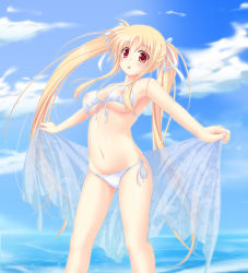 Rule 34 | 00s, 1girl, :p, amicis, bikini, blonde hair, breasts, covered erect nipples, day, fate testarossa, front-tie top, long hair, lyrical nanoha, mahou shoujo lyrical nanoha, mahou shoujo lyrical nanoha strikers, medium breasts, nipples, ocean, red eyes, sarong, see-through, side-tie bikini bottom, sky, solo, swimsuit, tongue, tongue out, twintails, underboob, unworn sarong, water, white bikini
