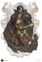 Rule 34 | 1boy, armor, art nouveau, bad id, bad pixiv id, beard, belt, brown hair, cape, character name, dieselburns, facial hair, kashue (lodoss), knight, looking at viewer, male focus, official art, record of lodoss war, short hair, solo