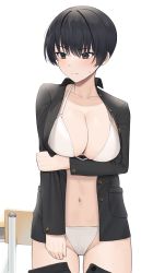 Rule 34 | 1girl, absurdres, bikini, bikini under clothes, black eyes, black hair, black jacket, blush, breasts, chair, cleavage, closed mouth, commentary, english commentary, groin, hand on own arm, highres, jacket, large breasts, long sleeves, looking away, looking to the side, lordol, open clothes, open fly, open jacket, original, school uniform, short hair, simple background, solo, sweatdrop, swimsuit, unbuttoned, v-shaped eyebrows, white background, white bikini