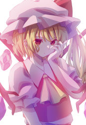 Rule 34 | 1girl, ascot, backlighting, bad id, bad pixiv id, blonde hair, bloom, crystal, expressionless, flandre scarlet, hand on own cheek, hand on own face, hat, highres, karamaru626, looking at viewer, mob cap, one side up, red vest, short hair, simple background, solo, touhou, vest, white background, wings, yellow ascot