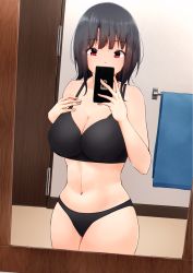 Rule 34 | 1girl, black bra, black hair, black panties, bra, breasts, cellphone, cleavage, commentary request, cowboy shot, door, highres, holding, kantai collection, large breasts, mirror, navel, paid reward available, panties, partial commentary, phone, red eyes, selfie, short hair, solo, stomach, tadokoro nurikabe, takao (kancolle), towel, underwear