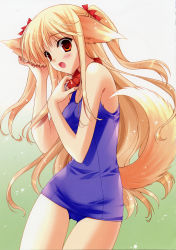 Rule 34 | 1girl, absurdres, animal ears, blonde hair, blush, breasts, collar, dog ears, fang, female focus, gradient background, hair ribbon, highres, long hair, non-web source, one-piece swimsuit, open mouth, red eyes, ribbon, school swimsuit, solo, suzuhira hiro, swimsuit, tail, thigh gap, thighs, touko (wanko to lily), twintails, very long hair, wanko to lily