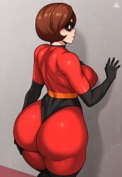 Rule 34 | 1girl, absurdres, against wall, ass, ass focus, black gloves, blush, breasts, brown hair, elastigirl, gloves, hand on own ass, highres, jmg, large breasts, looking at viewer, looking back, mask, mature female, nipples visible through clothes, puffy areolae, short hair, smirk, the incredibles