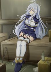 Rule 34 | 86 -eightysix-, absurdres, antenna hair, arms behind back, bandages, bdsm, blue eyes, blue hair, bondage, bound, breasts, crying, gagged, garter straps, highres, large breasts, long hair, looking at viewer, military, military uniform, panicking, parted bangs, rope, sitting, skirt, thighhighs, thighs, tied, trembling, uniform, vakaosciosa, very long hair, vladilena millize