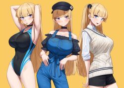 Rule 34 | 1girl, armpits, arms behind head, arms up, bare shoulders, black headwear, black one-piece swimsuit, black shirt, black shorts, blonde hair, blue eyes, blue one-piece swimsuit, blue overalls, blush, breasts, choker, cleavage, collarbone, collared shirt, covered navel, dress shirt, hat, highleg, highleg swimsuit, highres, large breasts, lina (michihasu), long hair, long sleeves, looking at viewer, michihasu, multicolored clothes, multicolored swimsuit, multiple views, off shoulder, one-piece swimsuit, open mouth, original, overalls, puffy short sleeves, puffy sleeves, shirt, short sleeves, shorts, smile, sweater, sweater vest, swimsuit, thighs, white shirt, white sweater