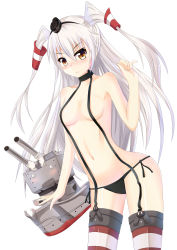 Rule 34 | 10s, 1girl, absurdres, amatsukaze (kancolle), black panties, blush, breasts, brown eyes, garter straps, highres, kantai collection, long hair, looking at viewer, nugi (armenci), panties, personification, rensouhou-kun, side-tie panties, silver hair, small breasts, striped clothes, striped thighhighs, thighhighs, twintails, two side up, underwear, underwear only