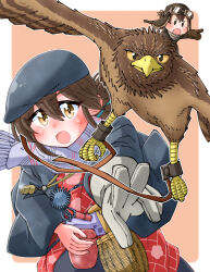 Rule 34 | 2girls, alternate costume, animal, bag, bird, blue headwear, blush, brown eyes, brown gloves, brown hair, fairy (kancolle), folded ponytail, gloves, goggles, goggles on headwear, hair between eyes, hat, hawk, japanese clothes, kantai collection, kasuga maru (kancolle), looking at viewer, multiple girls, open mouth, pointing, ponytail, riding, scarf, shin (shin k009), simple background, single glove, two-tone background, whistle, whistle around neck, wide sleeves