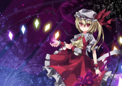 Rule 34 | 1girl, ascot, blonde hair, cowboy shot, crystal wings, dress, flandre scarlet, frilled dress, frills, hat, highres, looking at viewer, mob cap, red dress, red eyes, shika lq, side ponytail, smile, solo, touhou, wrist cuffs, yellow ascot