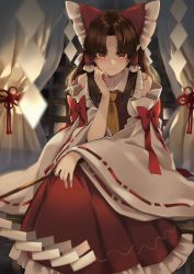 Rule 34 | 1girl, ascot, bare shoulders, bow, brown eyes, brown hair, detached sleeves, frills, hair bow, hair tubes, hakurei reimu, hand on own cheek, hand on own face, highres, long hair, looking at viewer, meji aniki, red skirt, red vest, skirt, solo, touhou, vest, yellow ascot