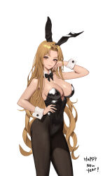 Rule 34 | 1girl, absurdres, adjusting hair, alternate costume, animal ears, arm up, bare shoulders, black bow, black bowtie, black hairband, black leotard, black pantyhose, bow, bowtie, breasts, brigid (fire emblem), brown hair, chinese zodiac, cleavage, closed mouth, commission, covered navel, detached collar, fake animal ears, female focus, fire emblem, fire emblem: genealogy of the holy war, hairband, hand in own hair, hand on own hip, happy new year, highleg, highleg leotard, highres, jonbur man, large breasts, leotard, long hair, looking at viewer, matching hair/eyes, new year, nintendo, pantyhose, pixiv commission, playboy bunny, rabbit ears, smile, solo, strapless, strapless leotard, very long hair, wrist cuffs, year of the rabbit, yellow eyes