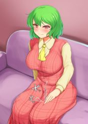 Rule 34 | 1girl, ascot, blush, breasts, closed mouth, collared shirt, commentary request, couch, green hair, indoors, kazami yuuka, lap pillow invitation, large breasts, long skirt, long sleeves, looking at viewer, medium hair, motion lines, plaid, plaid skirt, plaid vest, red eyes, red skirt, red vest, sadahiro (chicken nugget gyuuniku aji), shirt, sitting, skirt, skirt set, solo, sound effects, touhou, tsundere, v-shaped eyebrows, vest, yellow ascot, yellow shirt