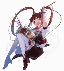 Rule 34 | 1girl, beamed eighth notes, bow, bow legwear, brown hair, drum, eighth note, fujio (sakana 3mgmg), hair bow, high heels, highres, idolmaster, idolmaster million live!, instrument, long hair, matsuda arisa, musical note, object around neck, one eye closed, open mouth, petticoat, pleated skirt, quarter note, red eyes, red footwear, ribbon, simple background, skirt, solo, thighhighs, twintails, very long hair