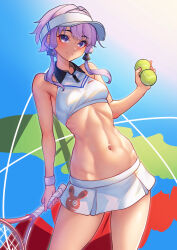 Rule 34 | 1girl, a.i. voice, absurdres, ball, blush, breasts, commentary request, highres, holding tennis racket, looking at viewer, microskirt, navel, nicchi, purple eyes, purple hair, racket, short hair with long locks, skirt, small breasts, smile, solo, sports bikini, sportswear, tennis ball, tennis racket, tennis uniform, toned, visor cap, voiceroid, yuzuki yukari