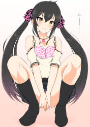 Rule 34 | 1girl, animal print, arms between legs, bare shoulders, black footwear, black hair, black skirt, blush, boots, bow, breasts, closed mouth, collarbone, detached sleeves, dot nose, frilled skirt, frills, gradient background, hair between eyes, hair bow, hair ribbon, heart, heart necklace, idolmaster, idolmaster cinderella girls, idolmaster cinderella girls starlight stage, jewelry, knee boots, leopard print, light brown background, long hair, looking at viewer, maruwa tarou, matoba risa, miniskirt, necklace, o-ring, o-ring top, panties, pantyshot, pink panties, pink ribbon, pink shirt, print ribbon, ribbon, shirt, skirt, small breasts, solo, squatting, twintails, underwear, v-shaped eyebrows, v arms, white shirt, white sleeves, yellow eyes