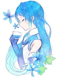 Rule 34 | 1girl, bad id, bad twitter id, black gloves, black neckerchief, blue hair, closed eyes, closed mouth, collared shirt, commentary, cropped torso, cup, elbow gloves, flower, from side, gloves, gradient hair, holding, holding cup, kantai collection, long hair, multicolored hair, neckerchief, nora (salatto), samidare (kancolle), shirt, simple background, sleeveless, sleeveless shirt, solo, teacup, white background, white shirt