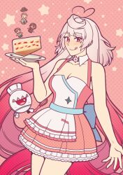 Rule 34 | 1girl, :d, ahoge, breasts, bruno (vocaloid), cake, chibi, chibi inset, clara (vocaloid), cleavage, closed mouth, collarbone, commentary, detached collar, dress, english commentary, facial mark, food, frilled dress, frills, gradient hair, halftone, halftone background, heart, heart ahoge, hiomaika, holding, holding plate, huge ahoge, long hair, maika (vocaloid), medium breasts, multicolored clothes, multicolored dress, multicolored hair, ona (vocaloid), open mouth, pink background, pink dress, pink eyes, pink hair, plate, smile, star (symbol), tongue, vocaloid, white dress, white hair
