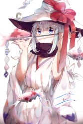 Rule 34 | 1girl, absurdres, black scarf, blue eyes, blush, commentary request, detached sleeves, dress, english text, fish, flower, flower knot, hands up, hat, hat flower, hat ribbon, hat ring, highres, holding, holding wand, looking at viewer, nail polish, original, pink nails, red flower, ribbon, scarf, shide, sidelocks, solo, soranagi yuki, tied sleeves, wand, white dress, white hair, white hat, wide sleeves, witch, witch hat