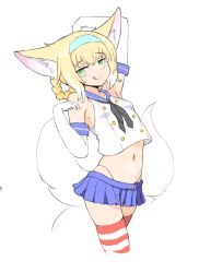 Rule 34 | :q, animal ears, arknights, blonde hair, blue hairband, blue sailor collar, blush, braid, buttons, cosplay, double-breasted, elbow gloves, fox ears, fox tail, gloves, green eyes, hairband, hands up, jalm, kantai collection, looking at viewer, miniskirt, multiple tails, pleated skirt, red thighhighs, sailor collar, shimakaze (kancolle), shimakaze (kancolle) (cosplay), shirt, simple background, skindentation, skirt, smile, smug, solo, standing, suzuran (arknights), tail, thighhighs, tongue, tongue out, white background, white gloves, white shirt