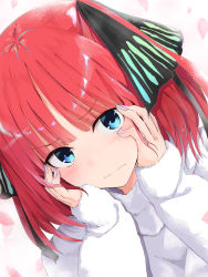 Rule 34 | 1girl, blue eyes, blue nails, blush, closed mouth, commentary request, dutch angle, embarrassed, fingernails, fuu (fuore), go-toubun no hanayome, hair ornament, hands on own cheeks, hands on own face, highres, long sleeves, looking at viewer, multicolored nails, nail polish, nakano nino, pink nails, red hair, short hair, solo, sweater, white sweater