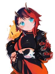 Rule 34 | 1girl, black hair, black jacket, black pants, black sports bra, blue eyes, blush, breasts, chain, closed mouth, commentary request, cropped jacket, cross-laced pants, demon girl, demon horns, ear chain, ear piercing, feet out of frame, highres, horns, jacket, large breasts, looking at viewer, multicolored hair, nanashi inc., open clothes, open jacket, pants, piercing, pointy ears, red hair, red pants, red sports bra, ryugasaki rene, ryugasaki rene (1st costume), shio midori, short hair, simple background, solo, sports bra, stuffed animal, stuffed cow, stuffed giraffe, stuffed toy, sugar lyric, transparent background, two-tone hair, two-tone pants, underboob, virtual youtuber, zipper