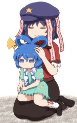 Rule 34 | 2girls, aged down, black footwear, black skirt, blue dress, blue eyes, blue hair, blue headwear, bobby socks, closed eyes, commentary, dress, empty eyes, expressionless, flat cap, hair ornament, hair rings, hair stick, hand on another&#039;s head, hat, hat ornament, kaku seiga, miyako yoshika, multiple girls, ofuda, on floor, open clothes, open vest, puffy short sleeves, puffy sleeves, red shirt, seiza, shirosato, shirt, short hair, short sleeves, simple background, sitting, sitting on lap, sitting on person, skirt, smile, socks, star (symbol), star hat ornament, touhou, vest, white background, white legwear, white vest