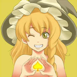 Rule 34 | 1girl, ao usagi, blonde hair, bow, braid, female focus, grin, hat, hat bow, kirisame marisa, long hair, nude, one eye closed, simple background, single braid, smile, solo, spade, touhou, upper body, wink, witch hat, yellow background, yellow eyes
