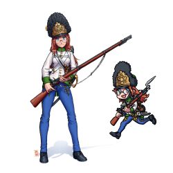 Rule 34 | 1girl, absurdres, antique firearm, austria, bayonet, bearskin cap, bedroll, belt, black footwear, blue eyes, blue pants, breasts, buttons, canteen, chibi, closed mouth, collar, commentary, cross-laced footwear, firearm, firelock, flintlock, freckles, full body, glasses, gold trim, green collar, green wrist cuffs, gun, gun sling, hat, highres, holding, holding gun, holding weapon, imperial austrian army, jacket, legs apart, long hair, long sleeves, looking at viewer, military, military uniform, musket, open mouth, orange hair, original, ostwindprojekt, pants, pouch, round eyewear, running, scabbard, shadow, sheath, sheathed, shoulder boards, simple background, small breasts, smile, solo, standing, sword, uniform, weapon, white background, white belt, white jacket