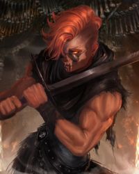 Rule 34 | 1girl, absurdres, aviator sunglasses, bare arms, bare shoulders, bone, caio santos, dark-skinned female, dark skin, ear piercing, facepaint, gideon nav, highres, holding, holding sword, holding weapon, looking at viewer, multiple piercings, muscular, muscular female, piercing, red hair, short hair, sleeveless, smile, solo, sunglasses, sword, the locked tomb, torn clothes, undercut, weapon