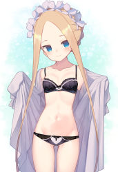 Rule 34 | 1girl, abigail williams (fate), alternate costume, bad id, bad pixiv id, bell (oppore coppore), black bra, black panties, blonde hair, blue eyes, blush, bra, breasts, closed mouth, collarbone, commentary request, fate (series), forehead, gluteal fold, groin, hair between eyes, highres, holding, lace, lace-trimmed bra, lace-trimmed panties, lace trim, long hair, looking at viewer, maid headdress, navel, open clothes, panties, simple background, small breasts, smile, solo, standing, underwear, very long hair