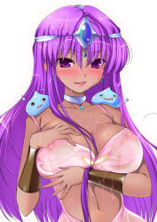 Rule 34 | 1girl, blush, bracelet, breasts, chunsoft, cleavage, collar, covered erect nipples, crown, dark-skinned female, dark skin, dragon quest, dragon quest iv, dress, earrings, enix, gauntlets, gem, jewelry, large breasts, long hair, looking at viewer, lots of jewelry, manya (dq4), navel, necklace, ninoko, nipples, purple eyes, purple hair, saliva, see-through, sexually suggestive, simple background, slime (creature), slime (dragon quest), solo, tan, tongue