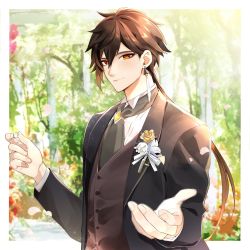 Rule 34 | 1boy, alternate costume, ascot, beckoning, black suit, brown hair, earrings, forest, formal, genshin impact, gradient hair, hair between eyes, highres, jewelry, long hair, male focus, mmmgnsn, multicolored hair, nature, outstretched hand, ponytail, reaching, reaching towards viewer, single earring, smile, solo, suit, upper body, vest, yellow eyes, zhongli (genshin impact)