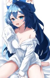 Rule 34 | 1girl, alternate costume, barefoot, blue eyes, blue hair, blush, bow, breasts, cleavage, collared shirt, commentary request, crossed bangs, full body, hair between eyes, hair bow, highres, kaminose (user veum4325), long hair, looking at viewer, medium bangs, medium breasts, off shoulder, on bed, open mouth, oversized clothes, oversized shirt, shirt, sitting, sleeves past fingers, sleeves past wrists, solo, touhou, wariza, white background, white shirt, yorigami shion