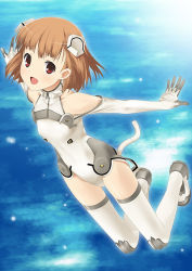 Rule 34 | 00s, 1girl, :d, bare shoulders, boots, brown hair, covered erect nipples, elbow gloves, flat chest, floating, flying, full body, gloves, halterneck, happy, headgear, leotard, looking at viewer, mizuki makoto, motionslit, open mouth, outstretched arms, pilot suit, red eyes, sakurano otoha, short hair, sky girls, smile, solo, spread arms, thigh boots, thighhighs, turtleneck, white footwear, white gloves, white thighhighs